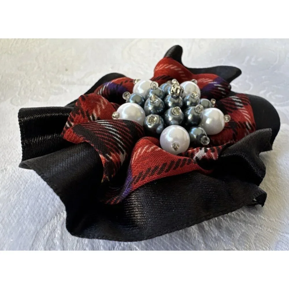 Cara Red Black Plaid Pearl Beaded Floral Hat Brooch/Hair Pin Steampunk NEW